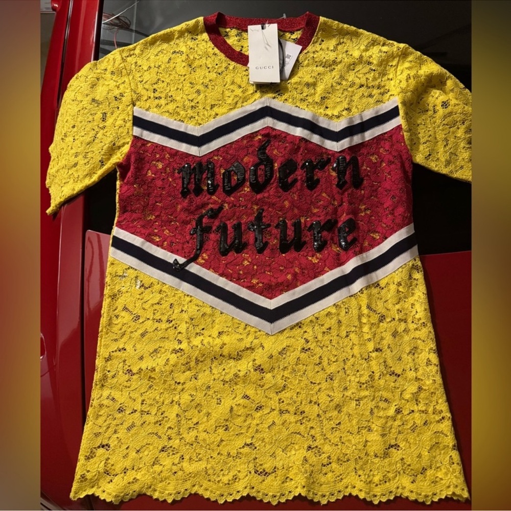 GUCCI Modern Future Lace Tee, NWT, Yellow/Red, Original Tags 
$559 $1,227